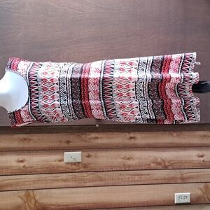Size L, Notations dress.  Various geometric patterns in red, black, rust orange